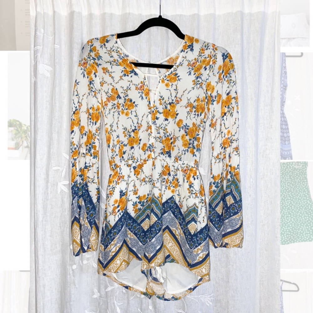 Yellow and blue floral long sleeve romper